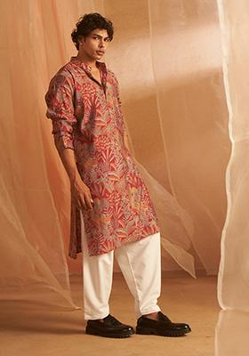 Pink printed Viscose  Kurta Set For Men