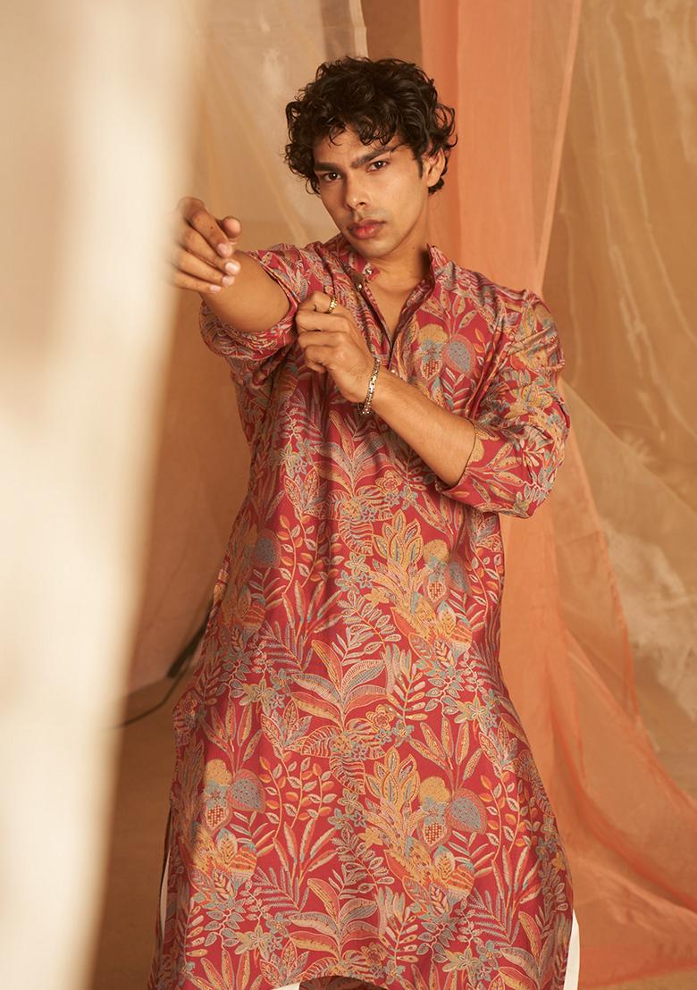 Pink printed Viscose  Kurta Set For Men