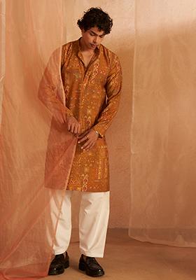 Yellow printed Viscose  Kurta Set For Men