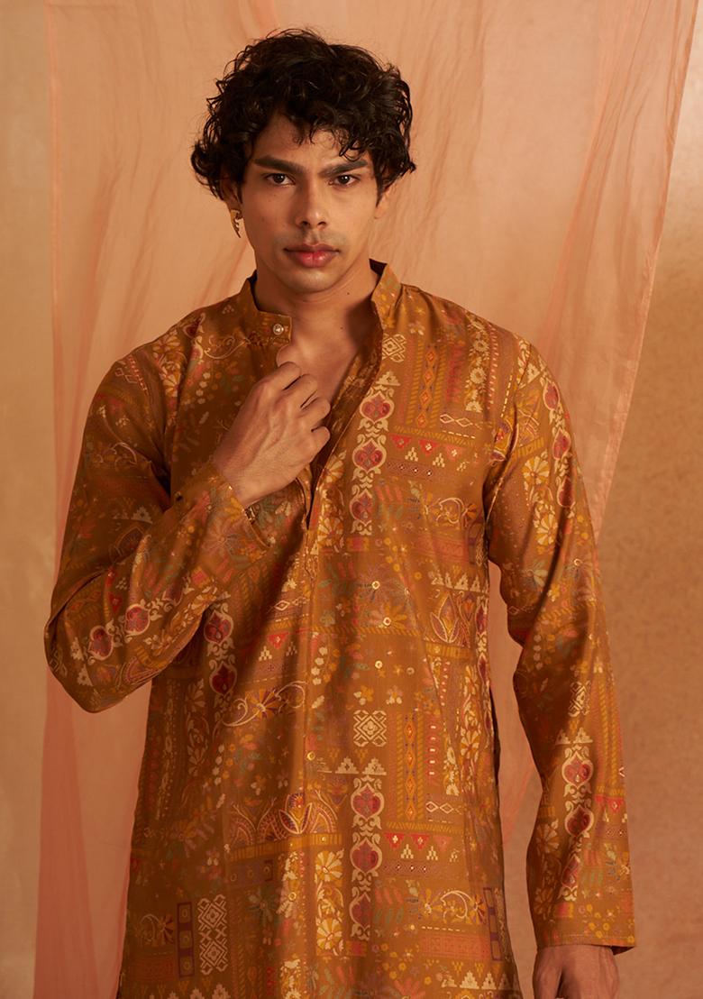 Yellow printed Viscose  Kurta Set For Men