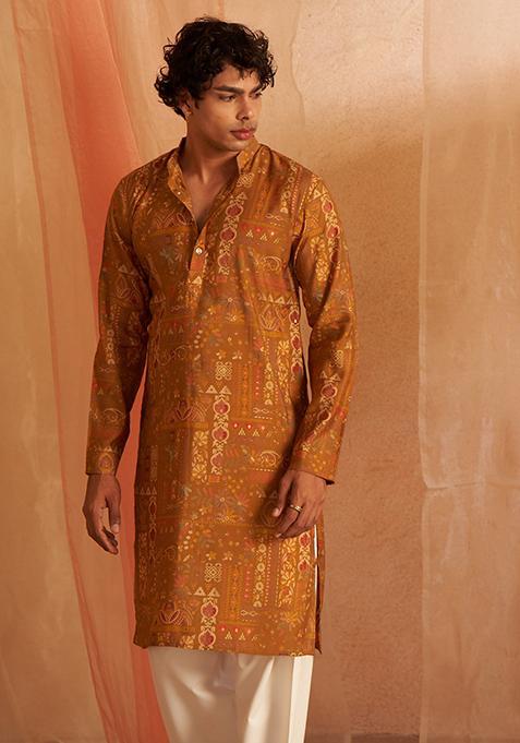 Yellow printed Viscose Kurta Set For Men