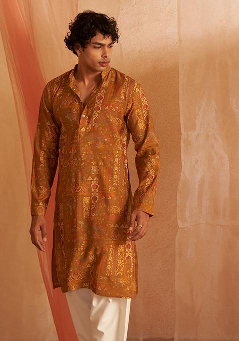Yellow printed Viscose Kurta Set For Men