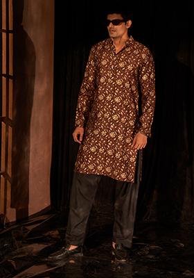 Brown printed Viscose  Kurta Set For Men