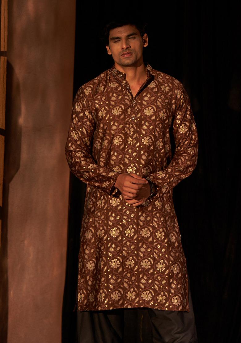 Brown printed Viscose  Kurta Set For Men