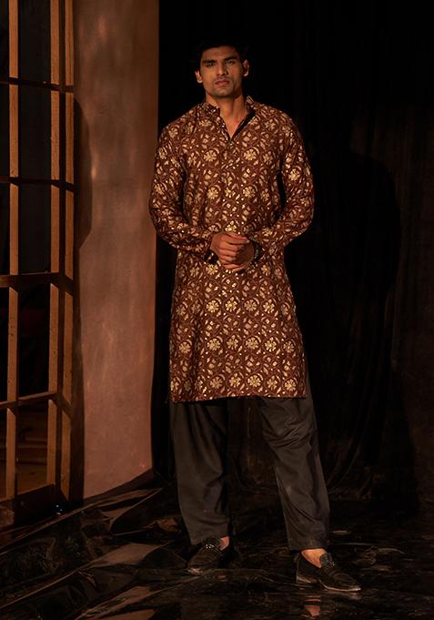 Brown printed Viscose Kurta Set For Men