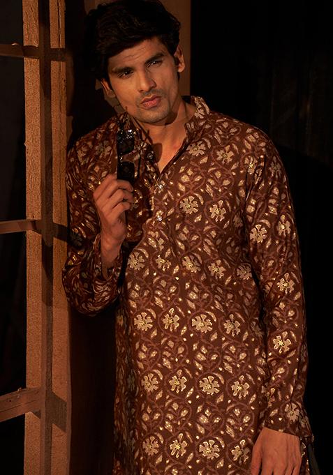 Brown printed Viscose Kurta Set For Men
