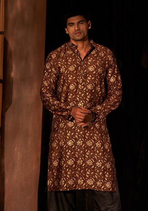 Brown printed Viscose Kurta Set For Men