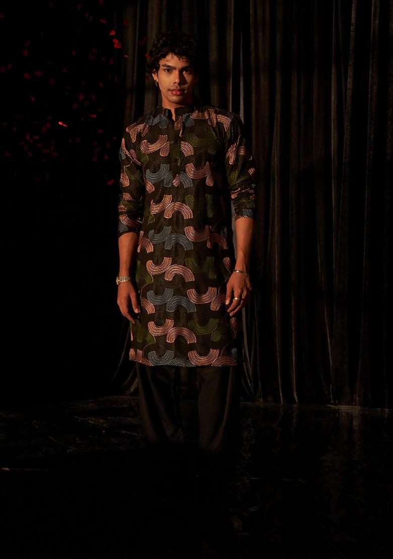 Black Embroidered Viscose  Kurta Set For Men