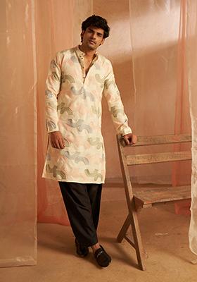 Cream Embroidered Viscose  Kurta Set For Men