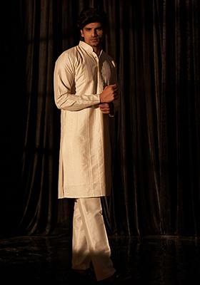 White Embroidered Viscose  Kurta Set For Men