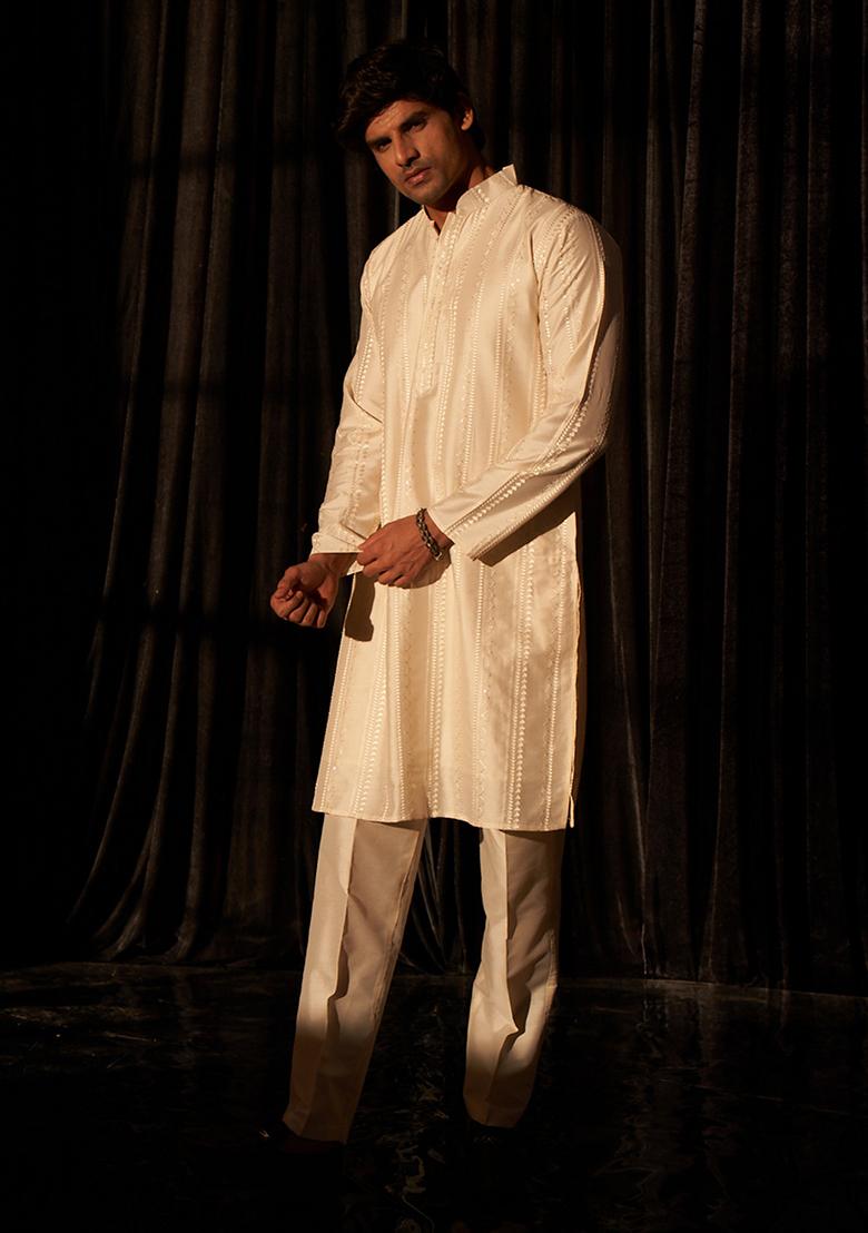White Embroidered Viscose  Kurta Set For Men