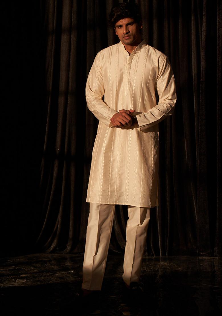 White Embroidered Viscose  Kurta Set For Men