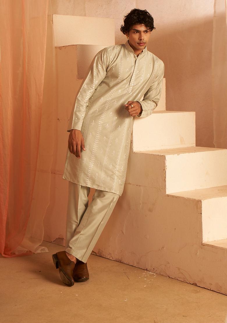 Green Embroidered Viscose Kurta Set For Men
