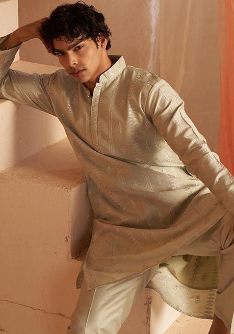 Green Embroidered Viscose Kurta Set For Men