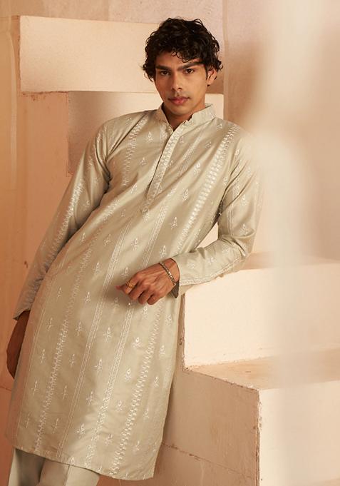 Green Embroidered Viscose Kurta Set For Men