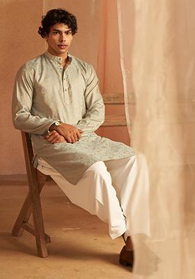 Blue Woven Viscose  Kurta Set For Men