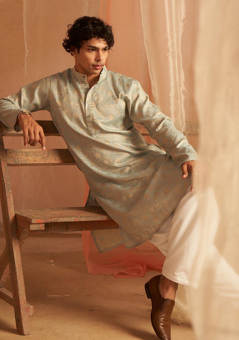 Blue Woven Viscose  Kurta Set For Men