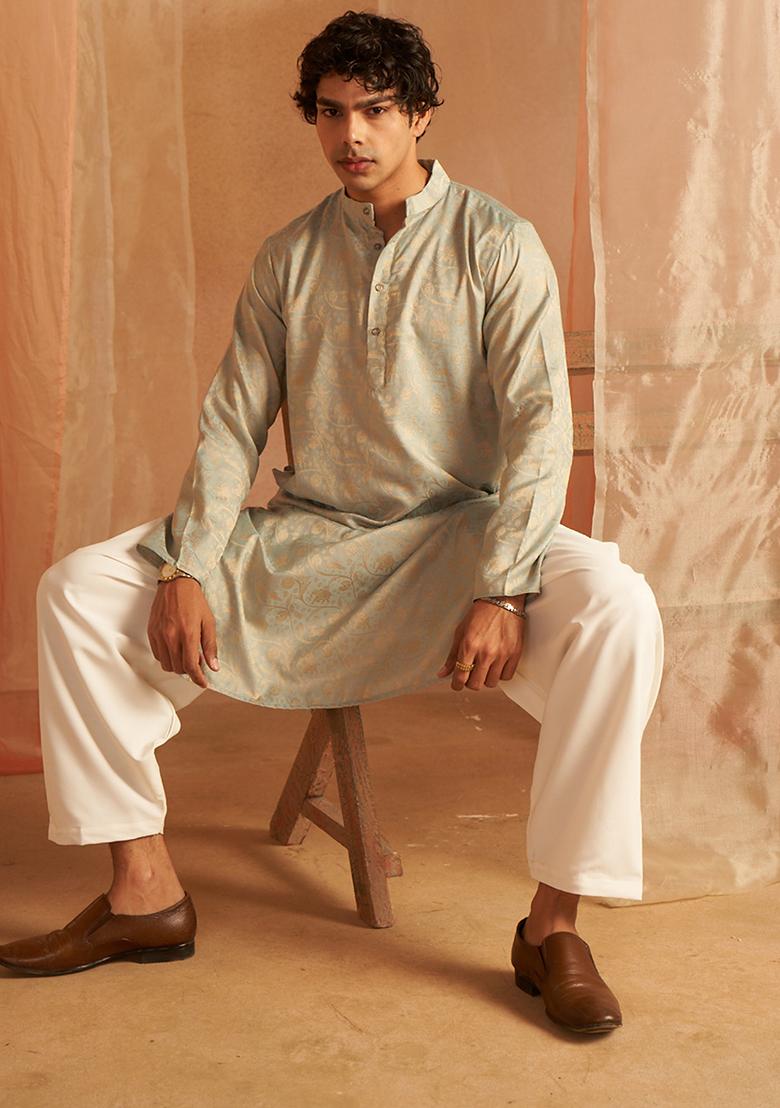 Blue Woven Viscose  Kurta Set For Men