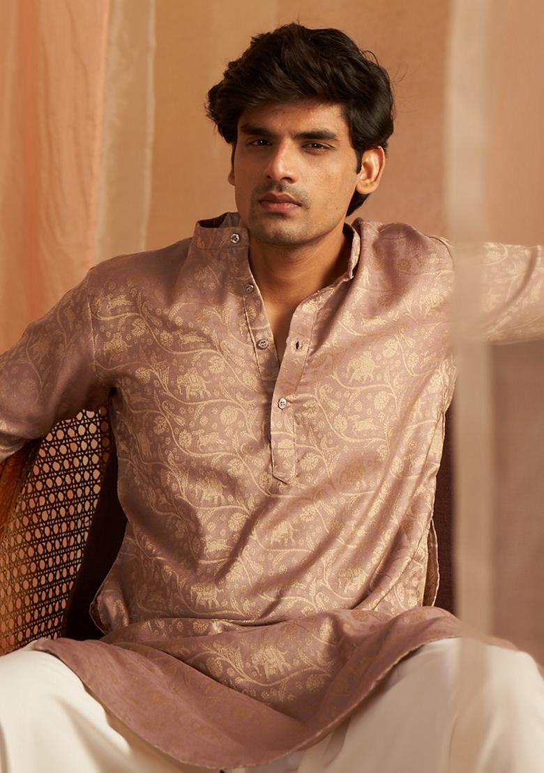 Mauve Woven Viscose  Kurta Set For Men