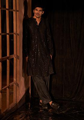 Black Embroidered Cotton Kurta Set For Men