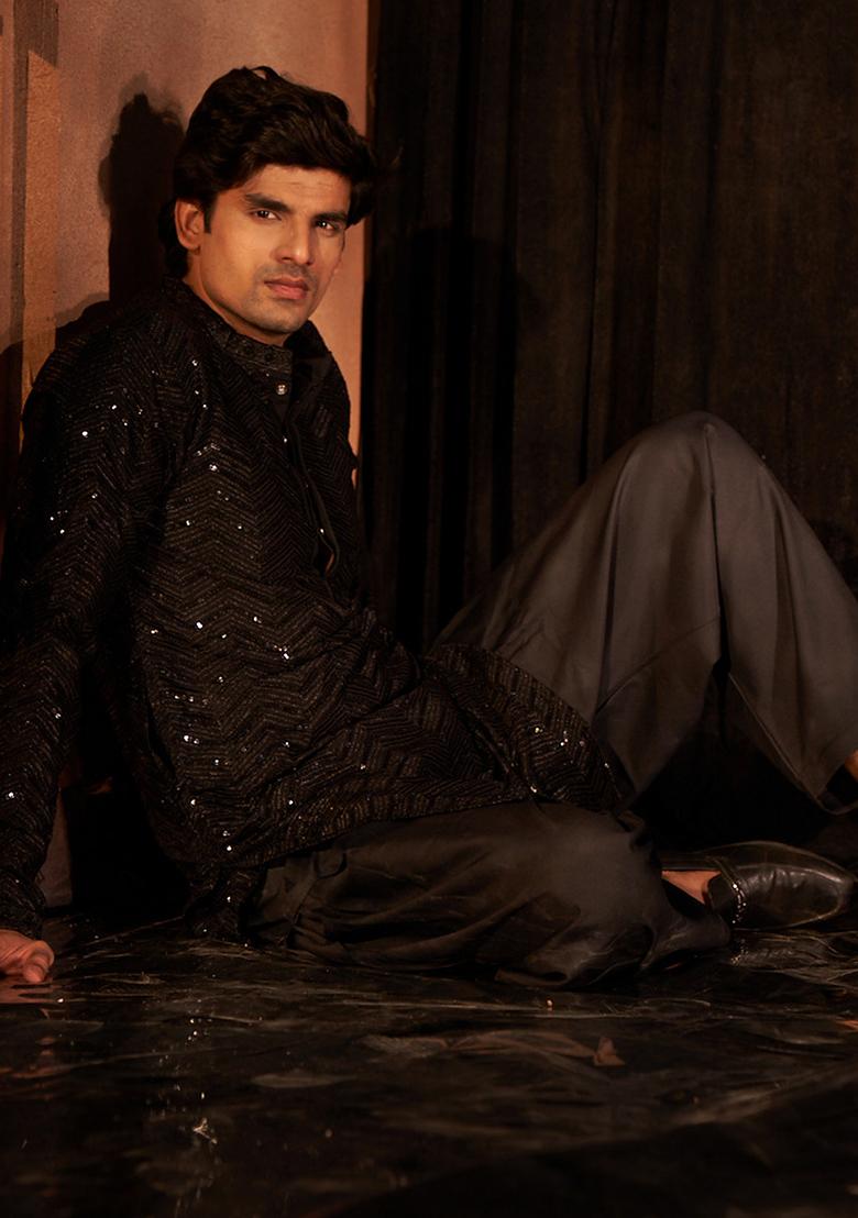 Black Embroidered Cotton Kurta Set For Men