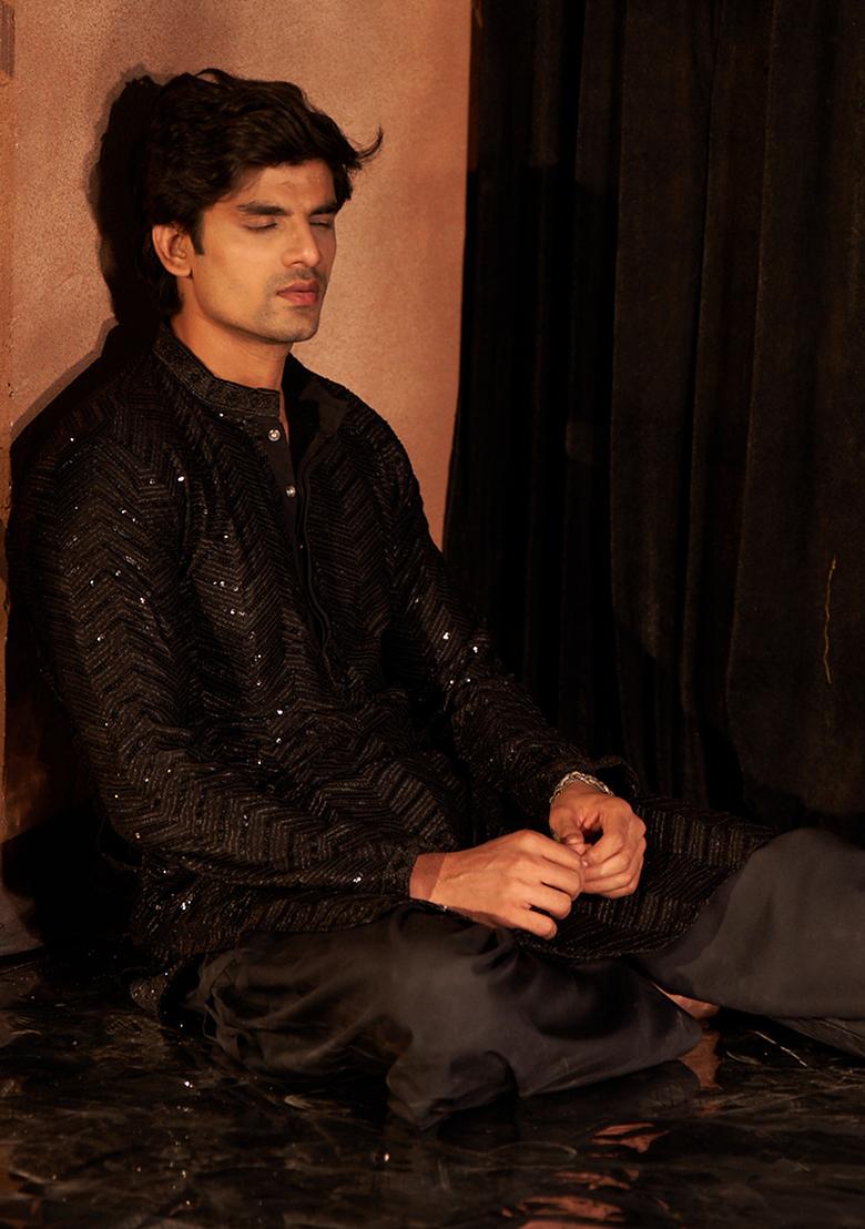 Black Embroidered Cotton Kurta Set For Men