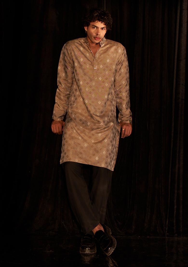 Brown Woven Viscose Kurta Set For Men