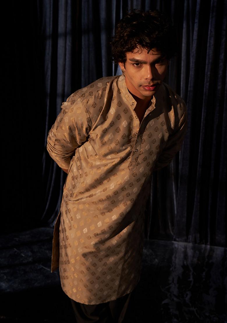 Brown Woven Viscose Kurta Set For Men