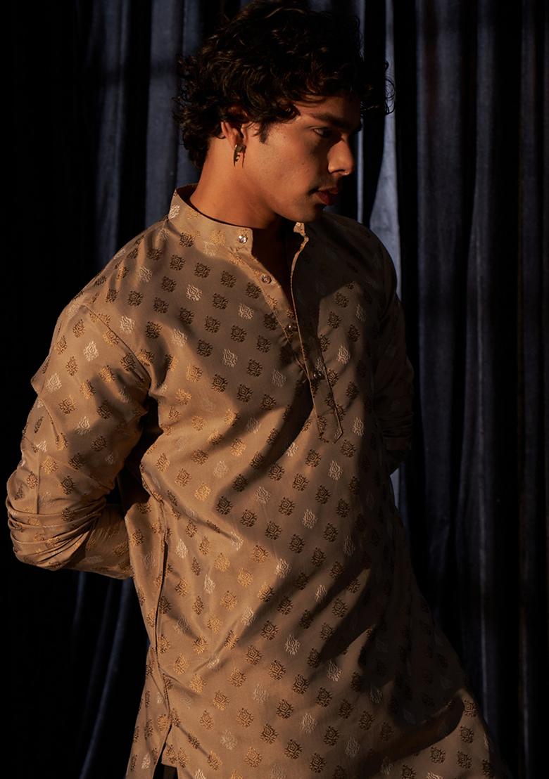 Brown Woven Viscose Kurta Set For Men