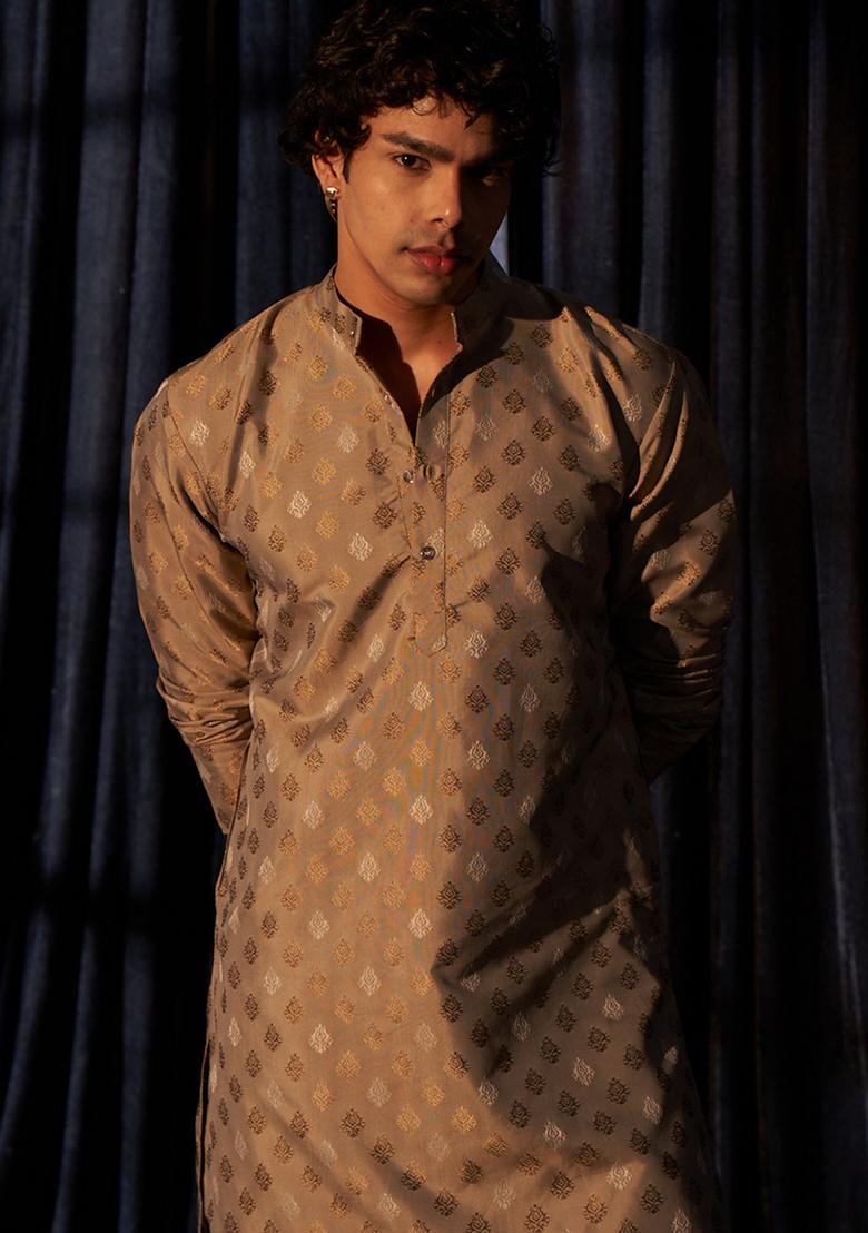 Brown Woven Viscose Kurta Set For Men