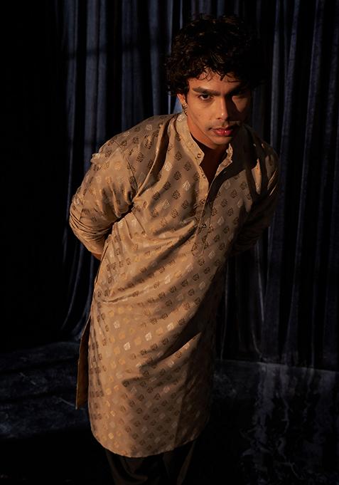 Brown Woven Viscose Kurta Set For Men