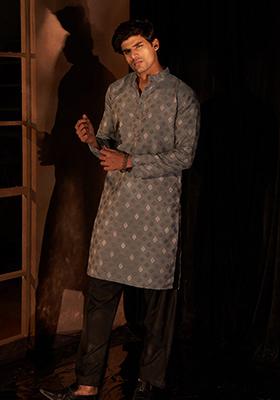 Blue Woven Viscose Kurta Set For Men