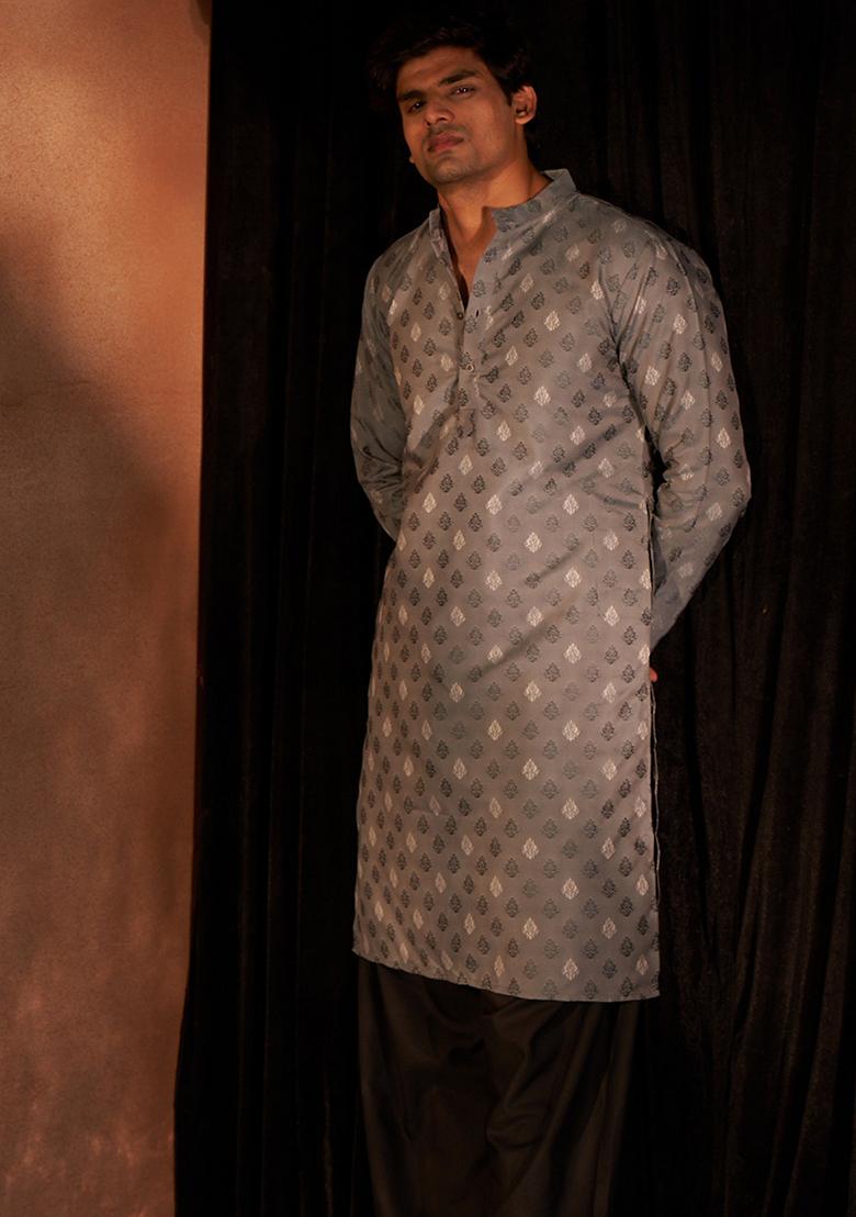 Blue Woven Viscose Kurta Set For Men