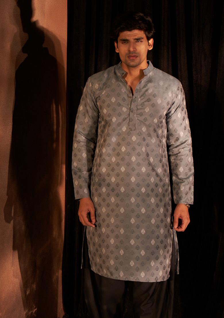 Blue Woven Viscose Kurta Set For Men