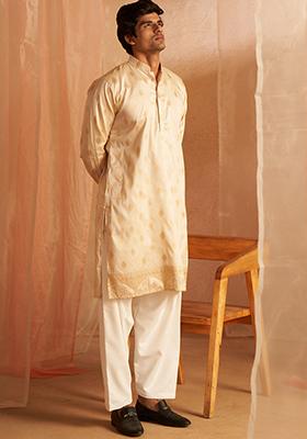 White Woven Viscose Kurta Set For Men