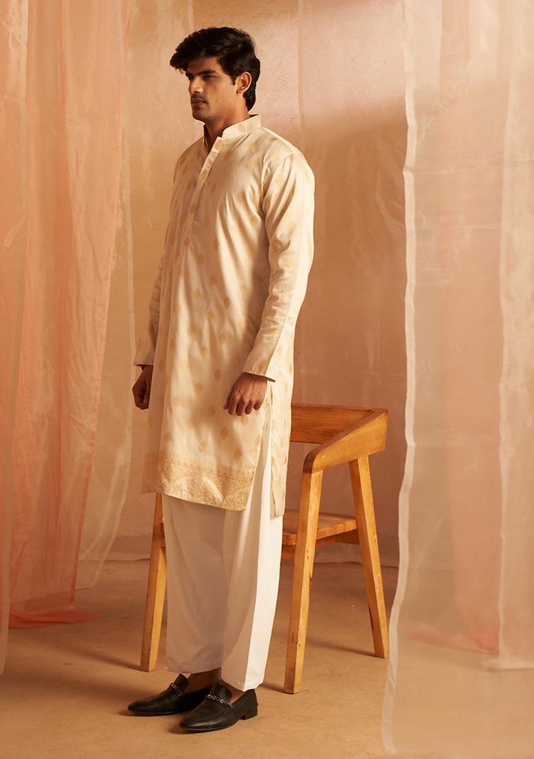 White Woven Viscose Kurta Set For Men