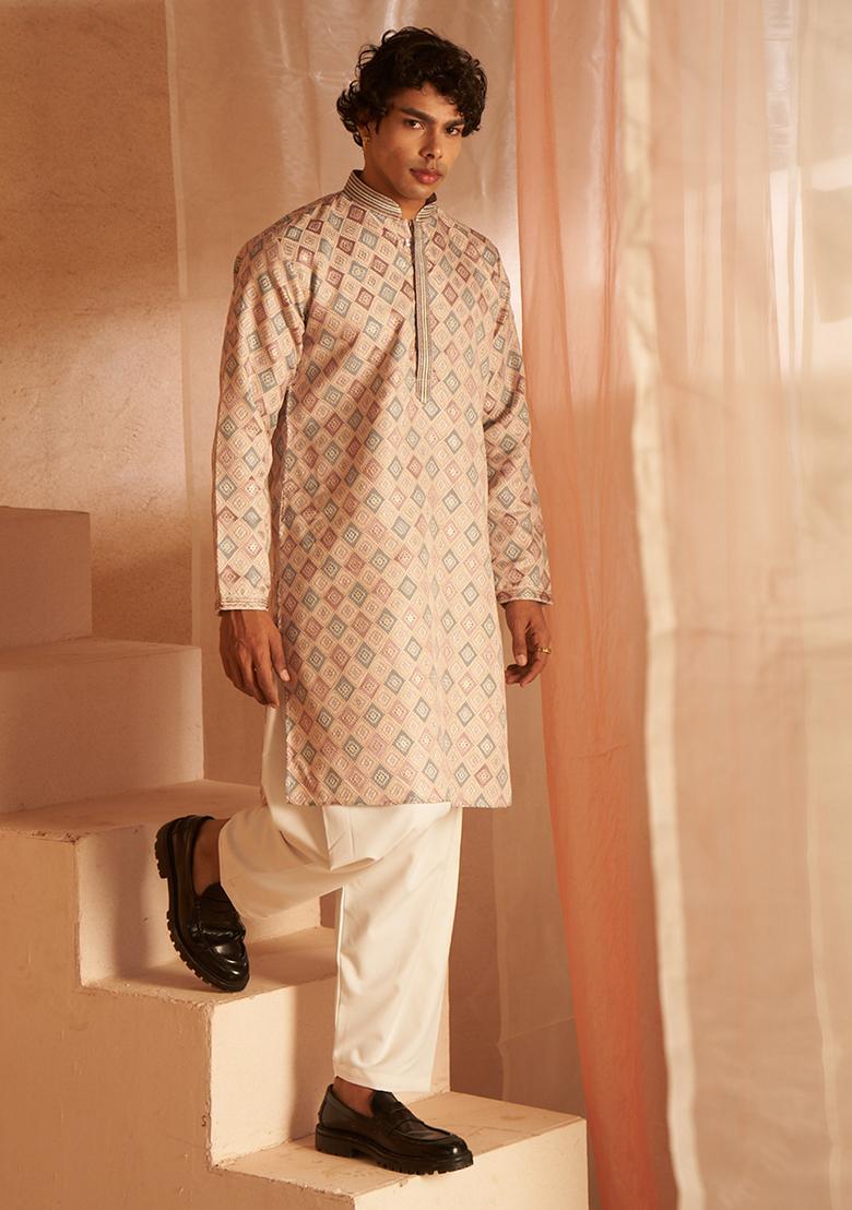 Cream Woven Viscose Kurta Set For Men