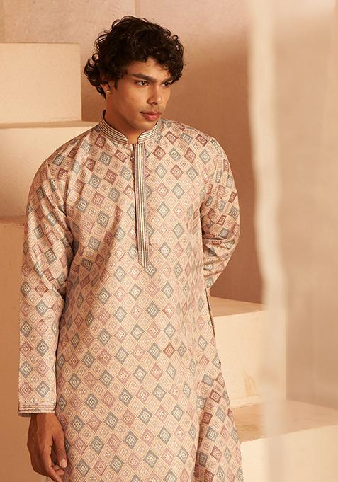 Cream Woven Viscose Kurta Set For Men