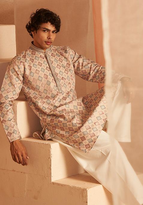 Cream Woven Viscose Kurta Set For Men