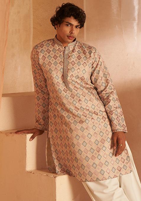 Cream Woven Viscose Kurta Set For Men