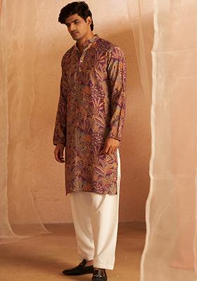 Purple printed Art Silk Kurta Set For Men
