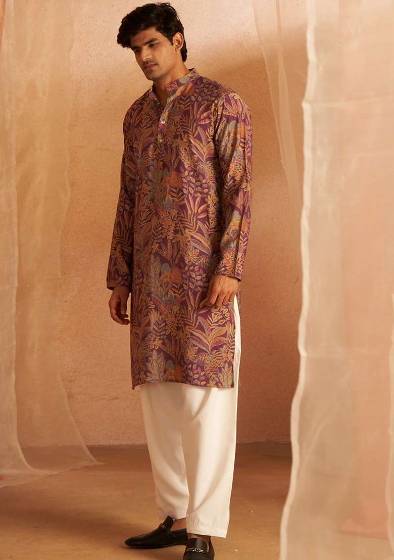 Purple printed Art Silk Kurta Set For Men - Indya