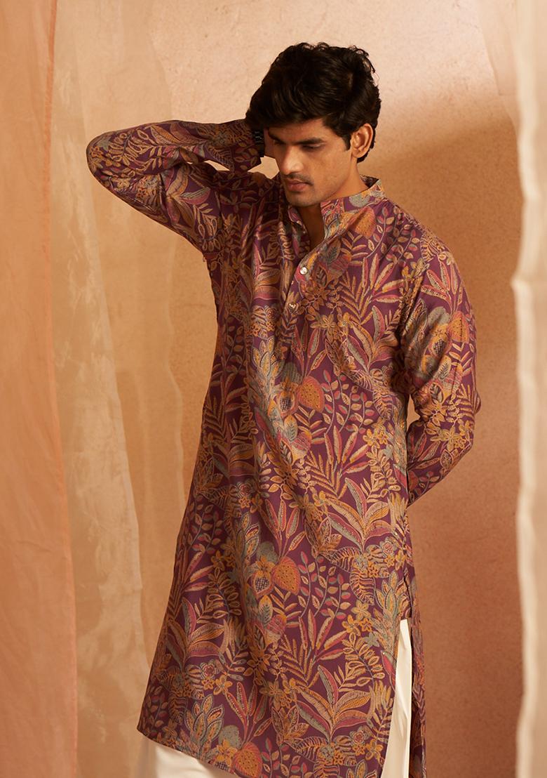 Purple printed Art Silk Kurta Set For Men