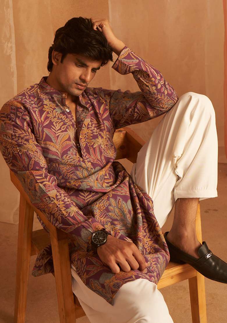 Purple printed Art Silk Kurta Set For Men - Indya