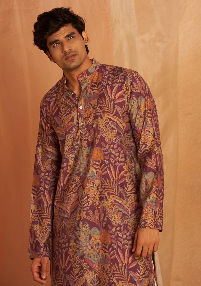 Purple printed Art Silk Kurta Set For Men