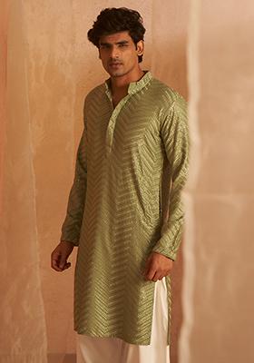 Green Embroidered Viscose Kurta Set For Men