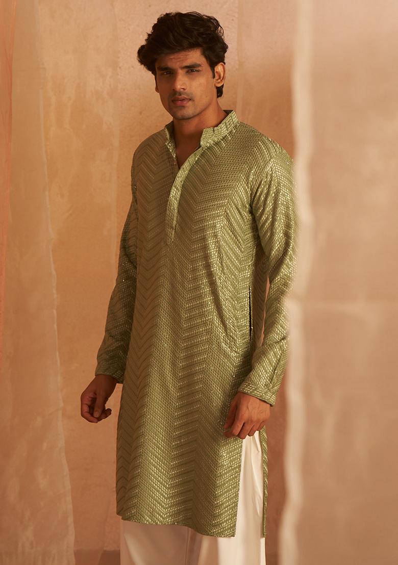 Green Embroidered Viscose Kurta Set For Men