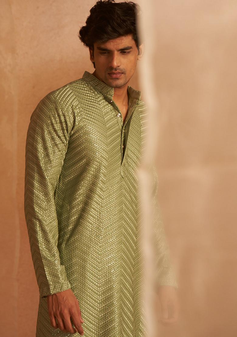 Green Embroidered Viscose Kurta Set For Men