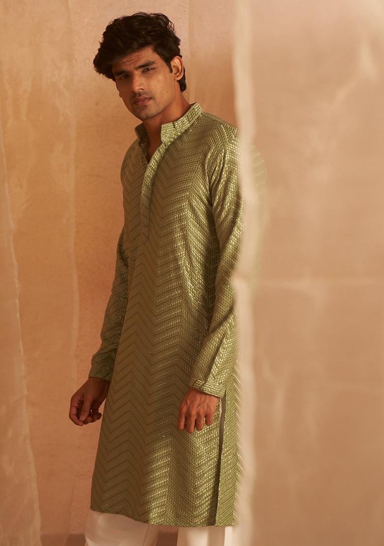 Green Embroidered Viscose Kurta Set For Men