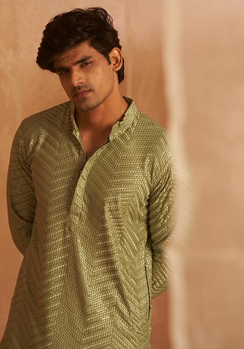 Green Embroidered Viscose Kurta Set For Men